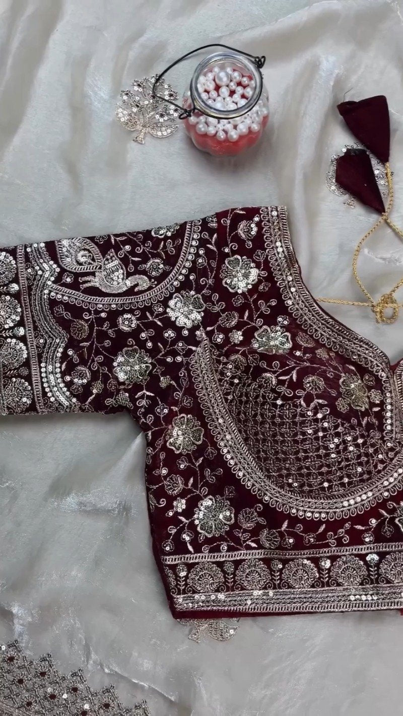 Royal Maroon Velvet & Ivory Organza Festive Saree Set