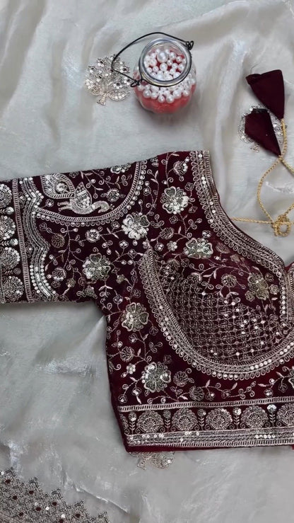 Royal Maroon Velvet & Ivory Organza Festive Saree Set