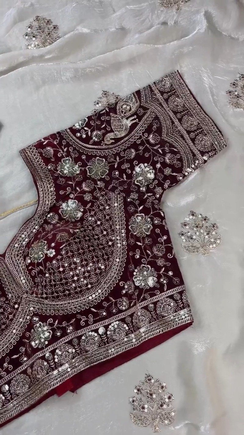 Royal Maroon Velvet & Ivory Organza Festive Saree Set