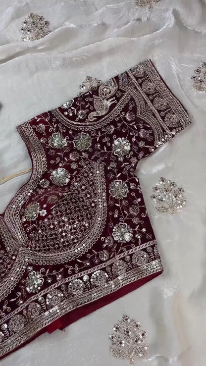 Royal Maroon Velvet & Ivory Organza Festive Saree Set