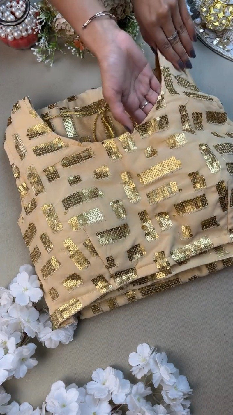 Luminous Champagne Sequin Geometric Saree and Blouse Set