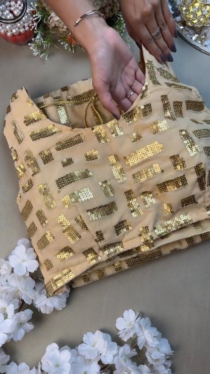 Luminous Champagne Sequin Geometric Saree and Blouse Set