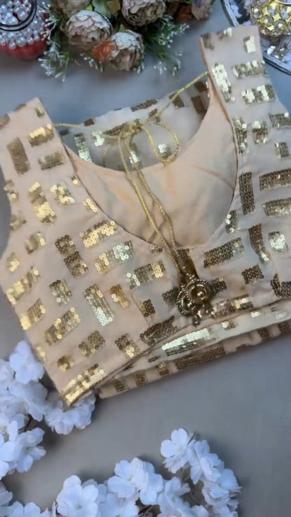 Luminous Champagne Sequin Geometric Saree and Blouse Set