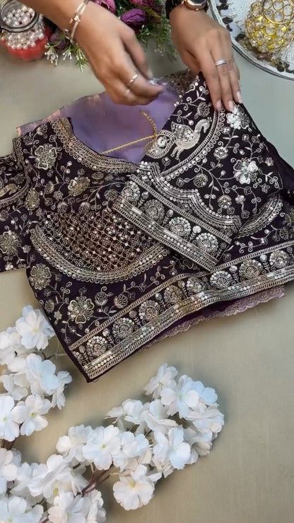 Royal Purple Elegance Embroidered Blouse and Saree Set