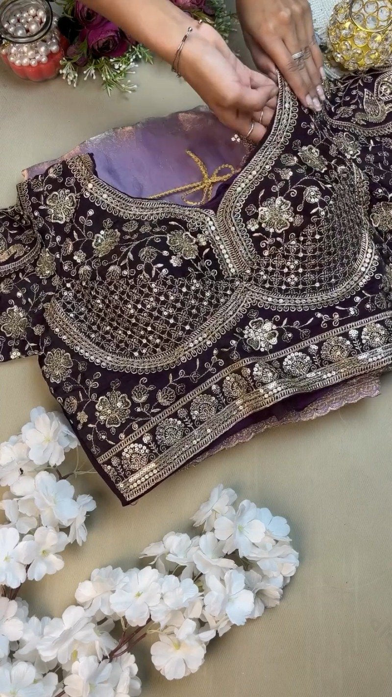 Royal Purple Elegance Embroidered Blouse and Saree Set