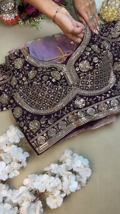 Royal Purple Elegance Embroidered Blouse and Saree Set