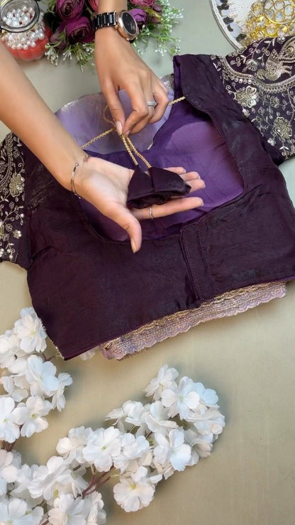 Royal Purple Elegance Embroidered Blouse and Saree Set