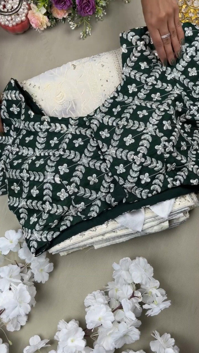 Enchanting Floral Embroidered Kurta Set with Sequin Detailing – Available in Emerald Green & Ivory White