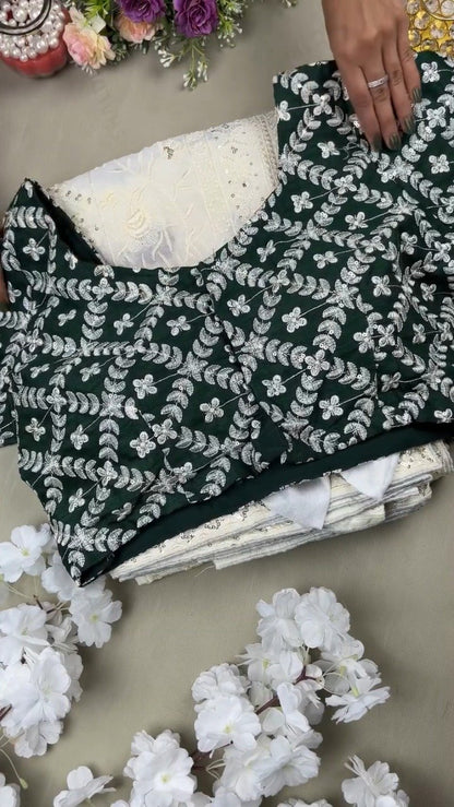 Enchanting Floral Embroidered Kurta Set with Sequin Detailing – Available in Emerald Green & Ivory White