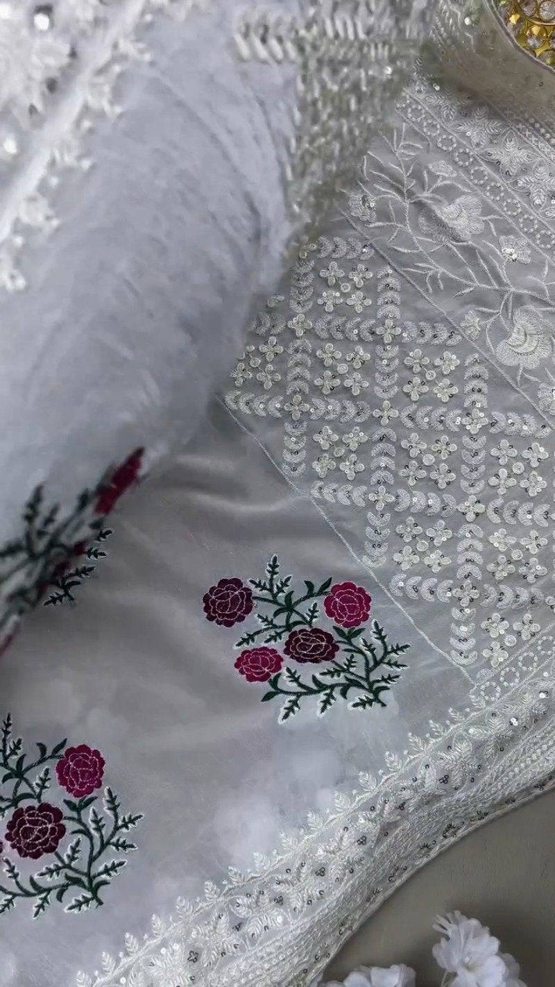 Enchanting Floral Embroidered Kurta Set with Sequin Detailing – Available in Emerald Green & Ivory White