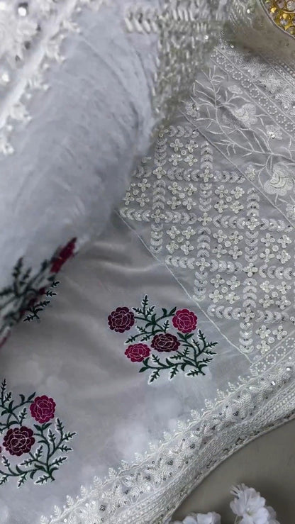Enchanting Floral Embroidered Kurta Set with Sequin Detailing – Available in Emerald Green & Ivory White