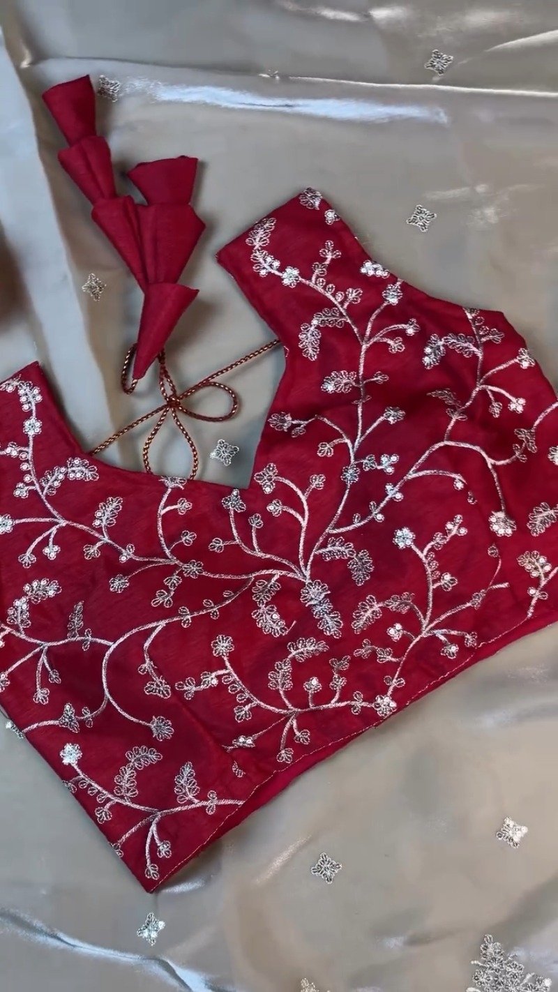 Midnight Crimson Floral Embellished Designer Saree Set with Contrast Organza Drape