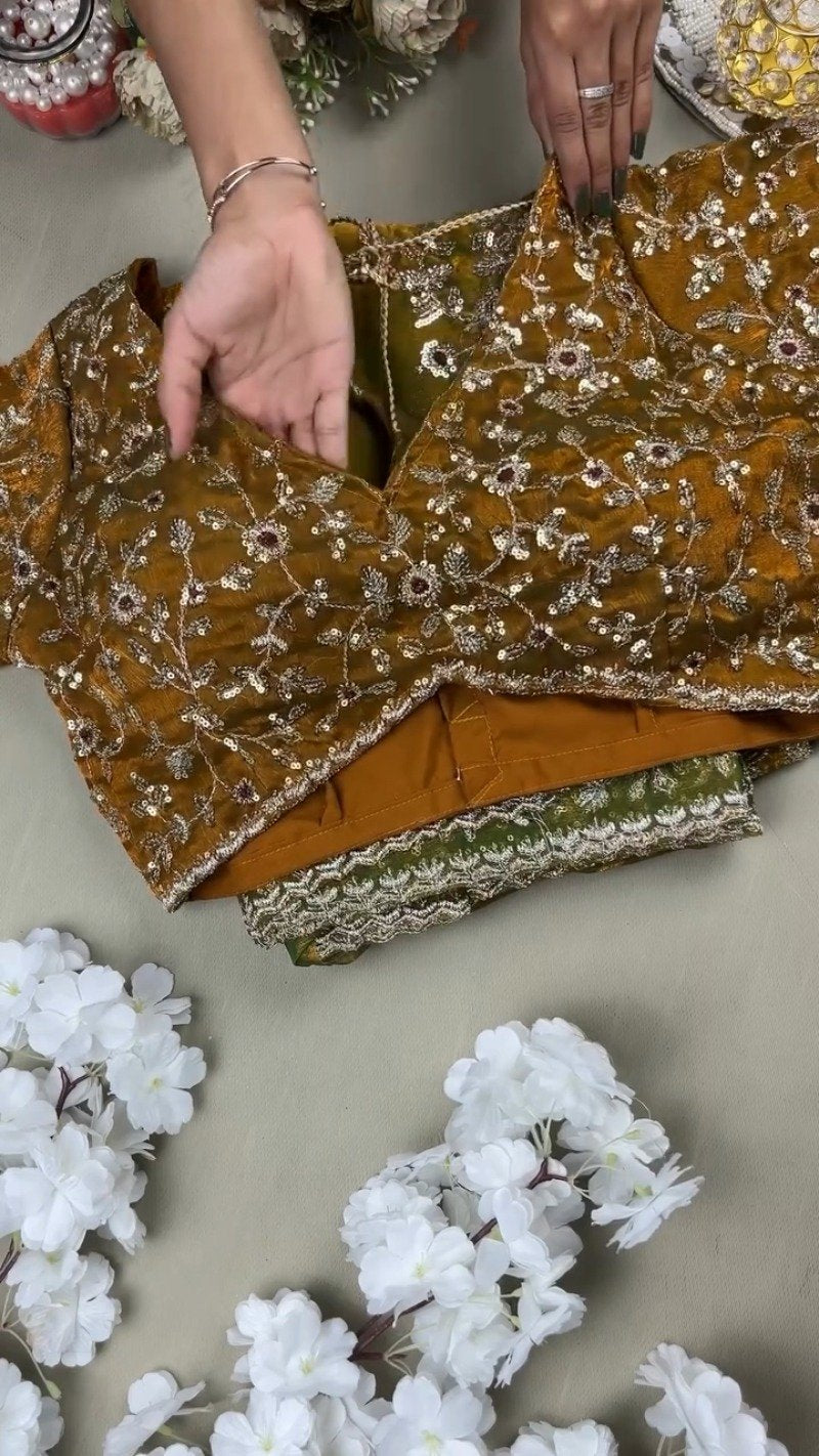 Enchanting Mustard Gold Sequined Organza Saree & Matching Embellished Blouse