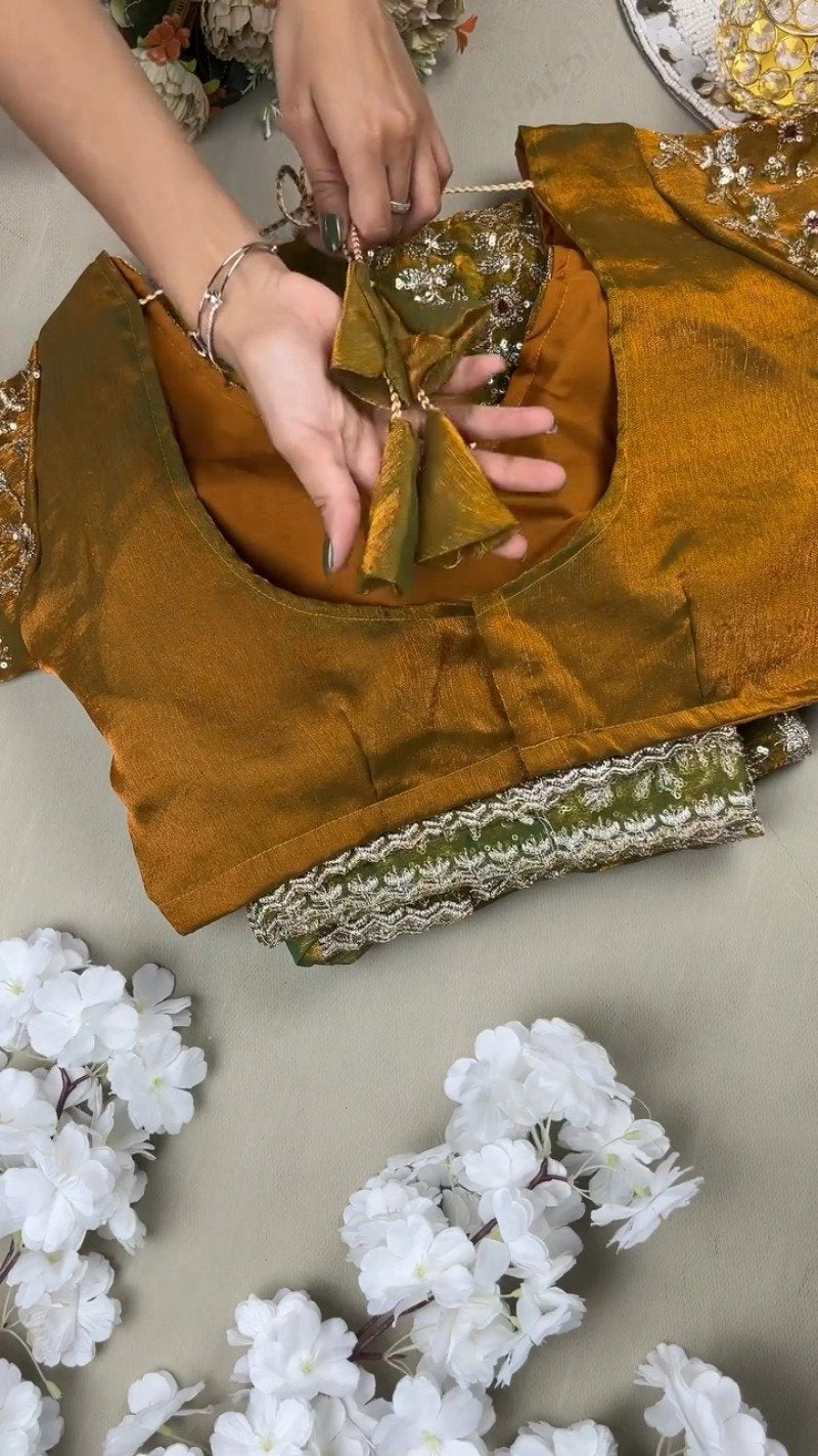 Enchanting Mustard Gold Sequined Organza Saree & Matching Embellished Blouse