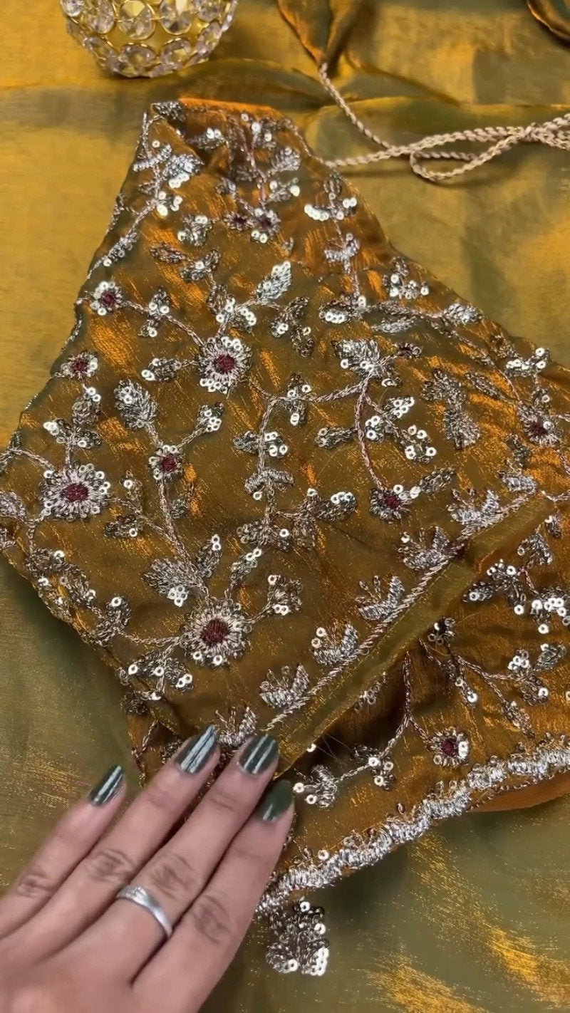 Enchanting Mustard Gold Sequined Organza Saree & Matching Embellished Blouse