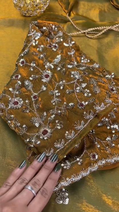 Enchanting Mustard Gold Sequined Organza Saree & Matching Embellished Blouse