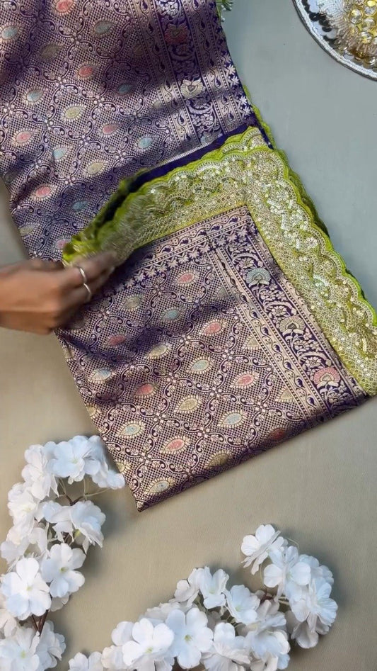 Royal Purple & Lime Green Zari Woven Silk Saree with Scalloped Sequin Border – Available in Purple & Lime Green