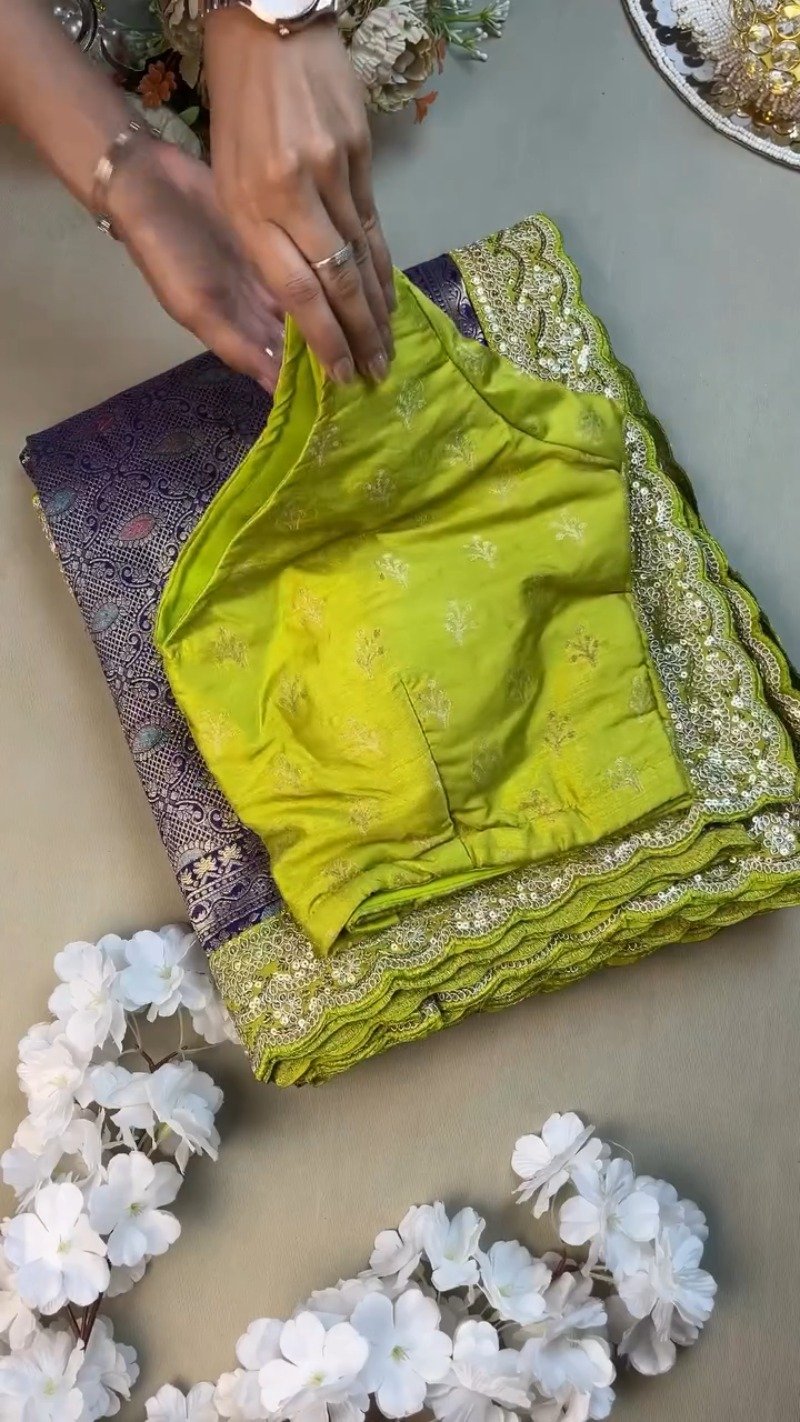 Royal Purple & Lime Green Zari Woven Silk Saree with Scalloped Sequin Border – Available in Purple & Lime Green