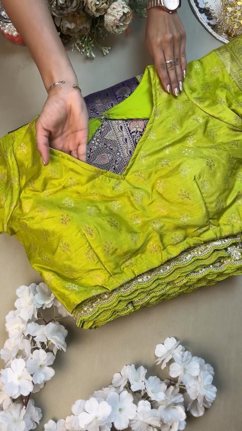 Royal Purple & Lime Green Zari Woven Silk Saree with Scalloped Sequin Border – Available in Purple & Lime Green
