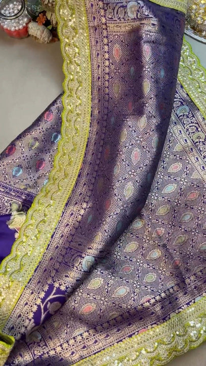 Royal Purple & Lime Green Zari Woven Silk Saree with Scalloped Sequin Border – Available in Purple & Lime Green