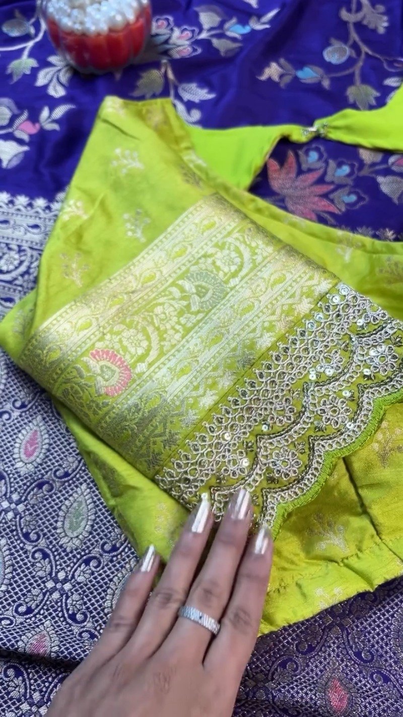 Royal Purple & Lime Green Zari Woven Silk Saree with Scalloped Sequin Border – Available in Purple & Lime Green