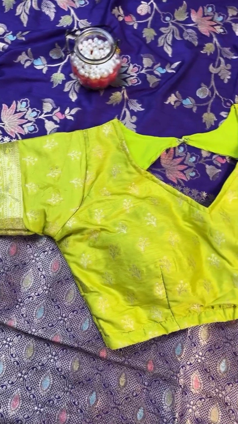 Royal Purple & Lime Green Zari Woven Silk Saree with Scalloped Sequin Border – Available in Purple & Lime Green