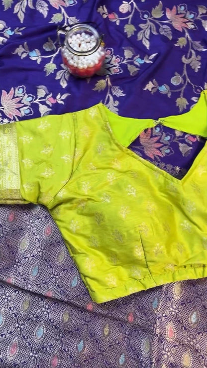 Royal Purple & Lime Green Zari Woven Silk Saree with Scalloped Sequin Border – Available in Purple & Lime Green