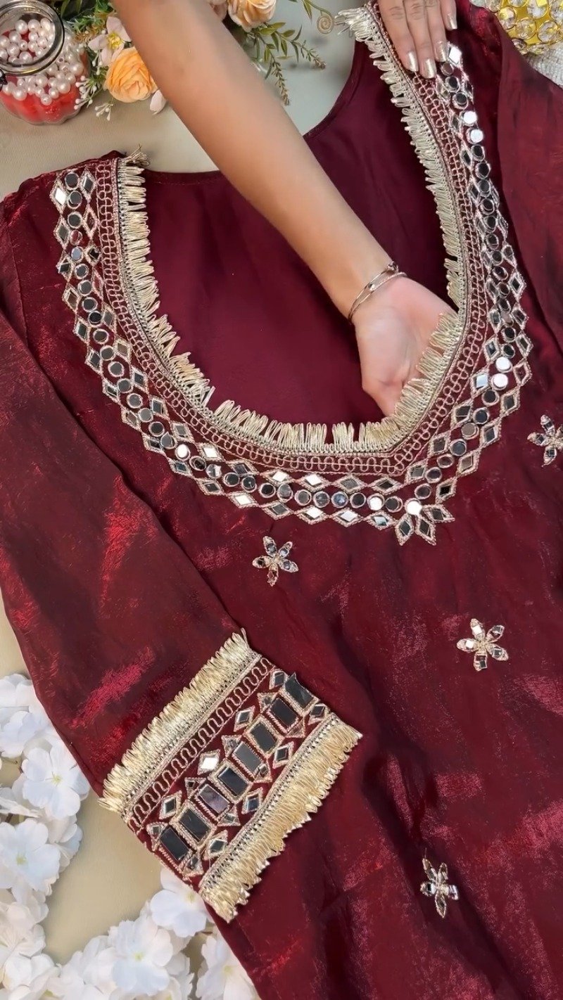 Royal Maroon Mirror-Work Festive Kurta Set