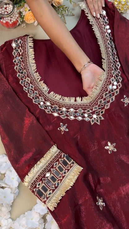 Royal Maroon Mirror-Work Festive Kurta Set