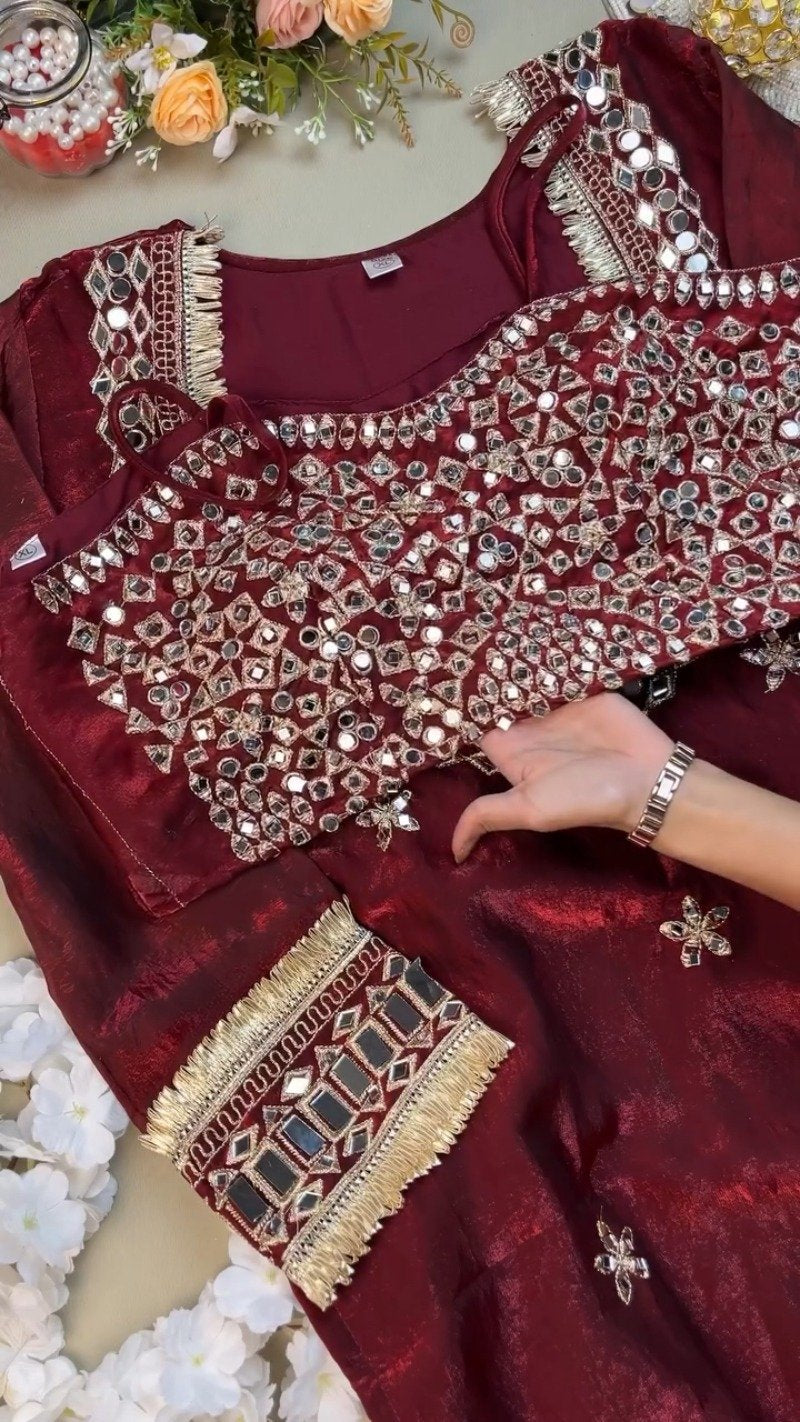Royal Maroon Mirror-Work Festive Kurta Set