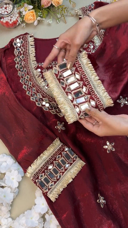 Royal Maroon Mirror-Work Festive Kurta Set