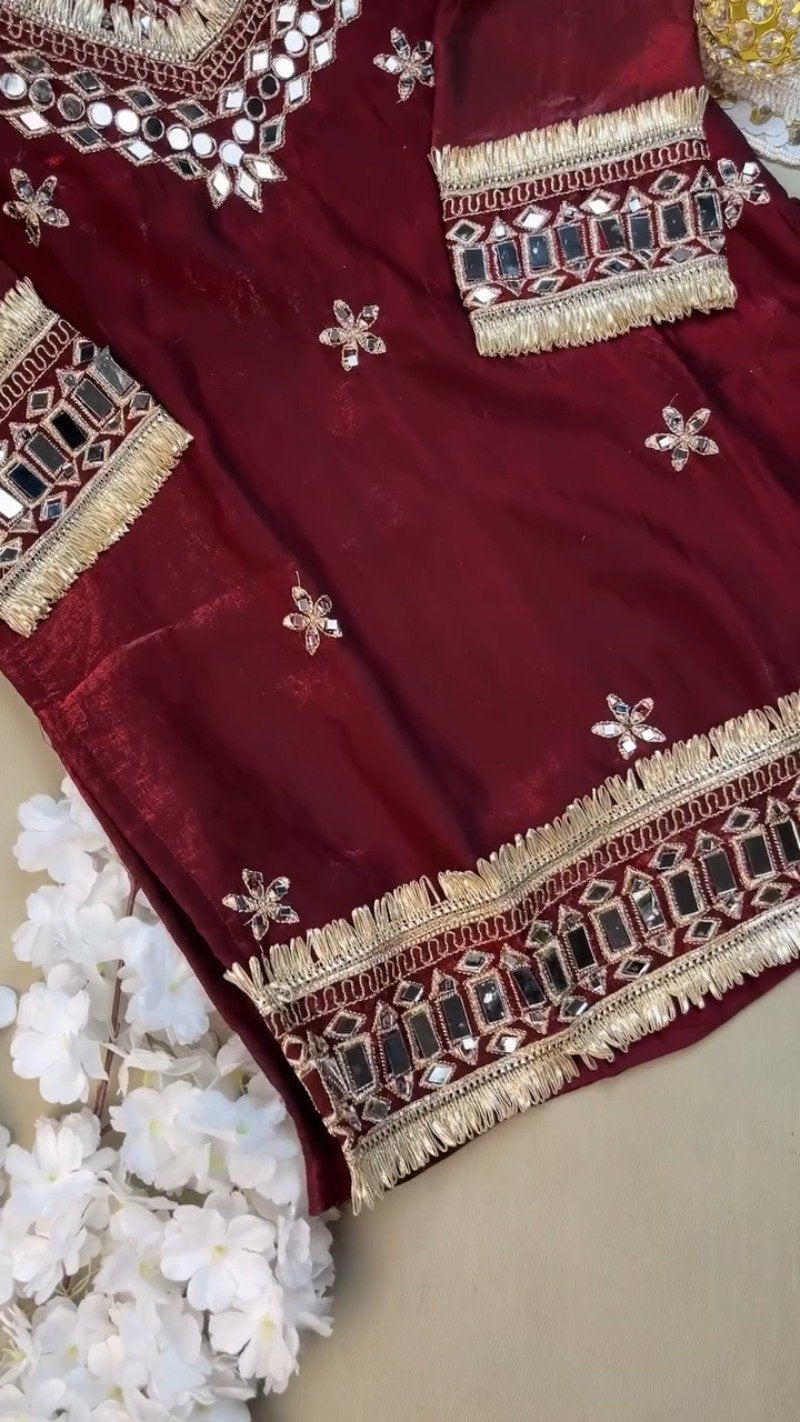 Royal Maroon Mirror-Work Festive Kurta Set