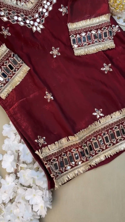 Royal Maroon Mirror-Work Festive Kurta Set