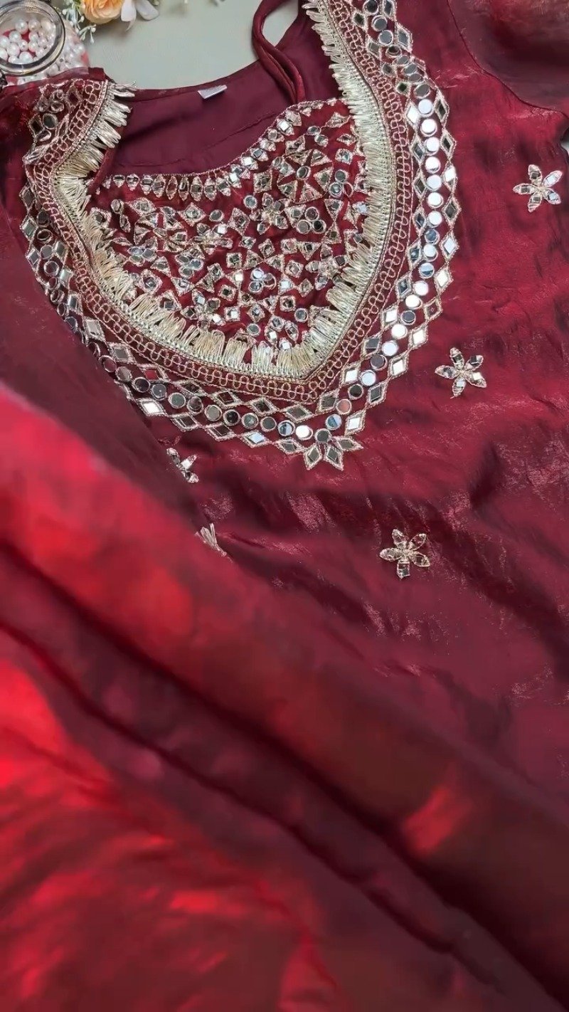 Royal Maroon Mirror-Work Festive Kurta Set