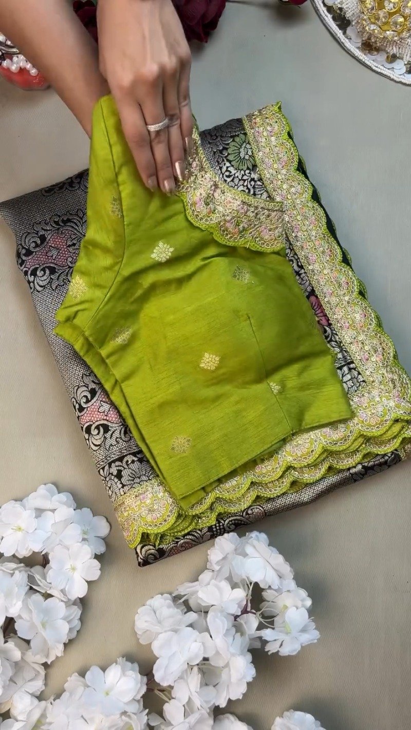 Midnight Bloom Banarasi Silk Saree with Contrast Embroidered Blouse – Available in Midnight Black & Lime Green