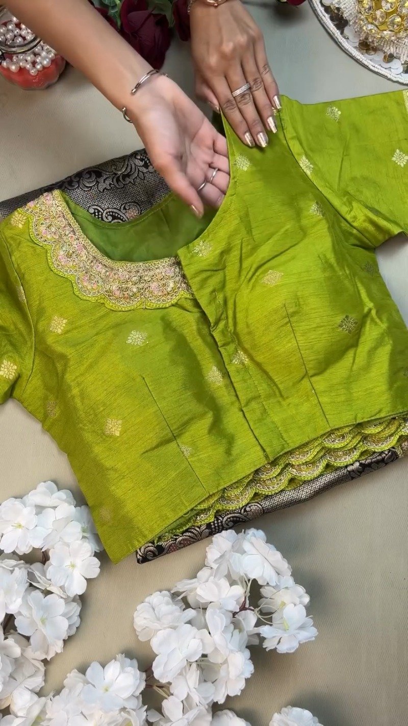 Midnight Bloom Banarasi Silk Saree with Contrast Embroidered Blouse – Available in Midnight Black & Lime Green