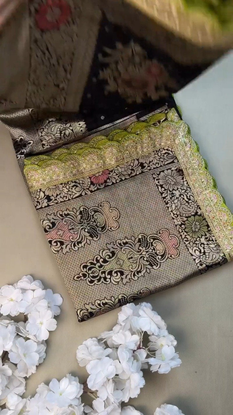Midnight Bloom Banarasi Silk Saree with Contrast Embroidered Blouse – Available in Midnight Black & Lime Green