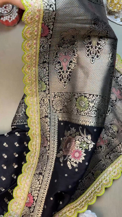 Midnight Bloom Banarasi Silk Saree with Contrast Embroidered Blouse – Available in Midnight Black & Lime Green