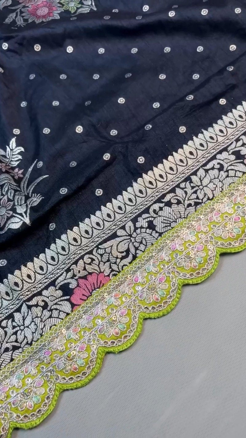 Midnight Bloom Banarasi Silk Saree with Contrast Embroidered Blouse – Available in Midnight Black & Lime Green