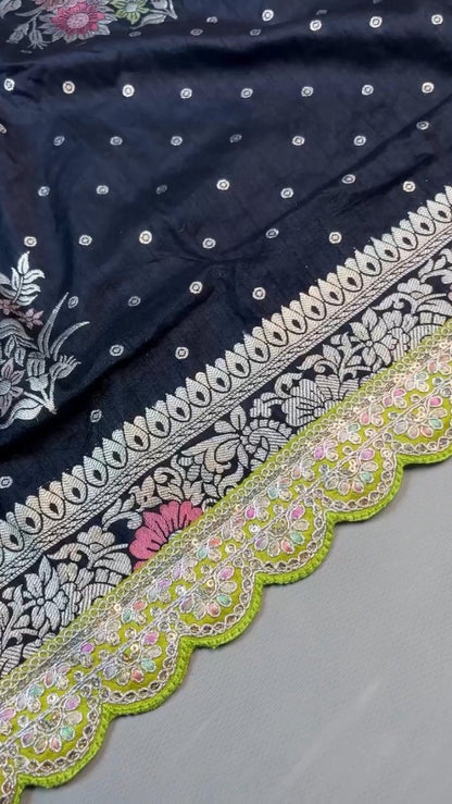 Midnight Bloom Banarasi Silk Saree with Contrast Embroidered Blouse – Available in Midnight Black & Lime Green