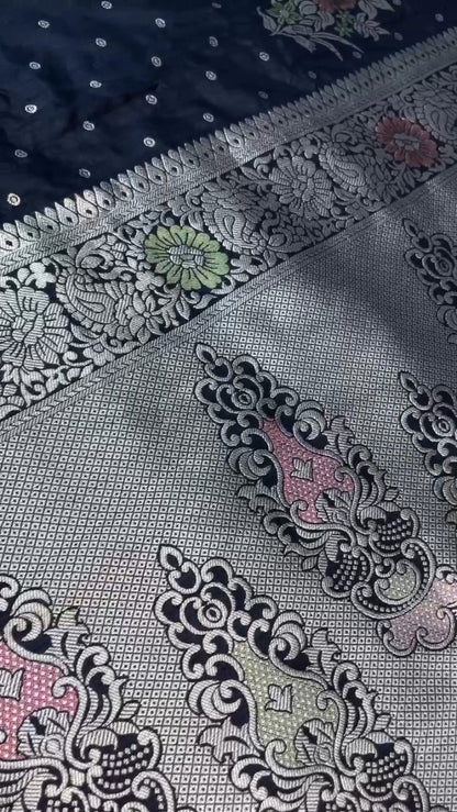 Midnight Bloom Banarasi Silk Saree with Contrast Embroidered Blouse – Available in Midnight Black & Lime Green