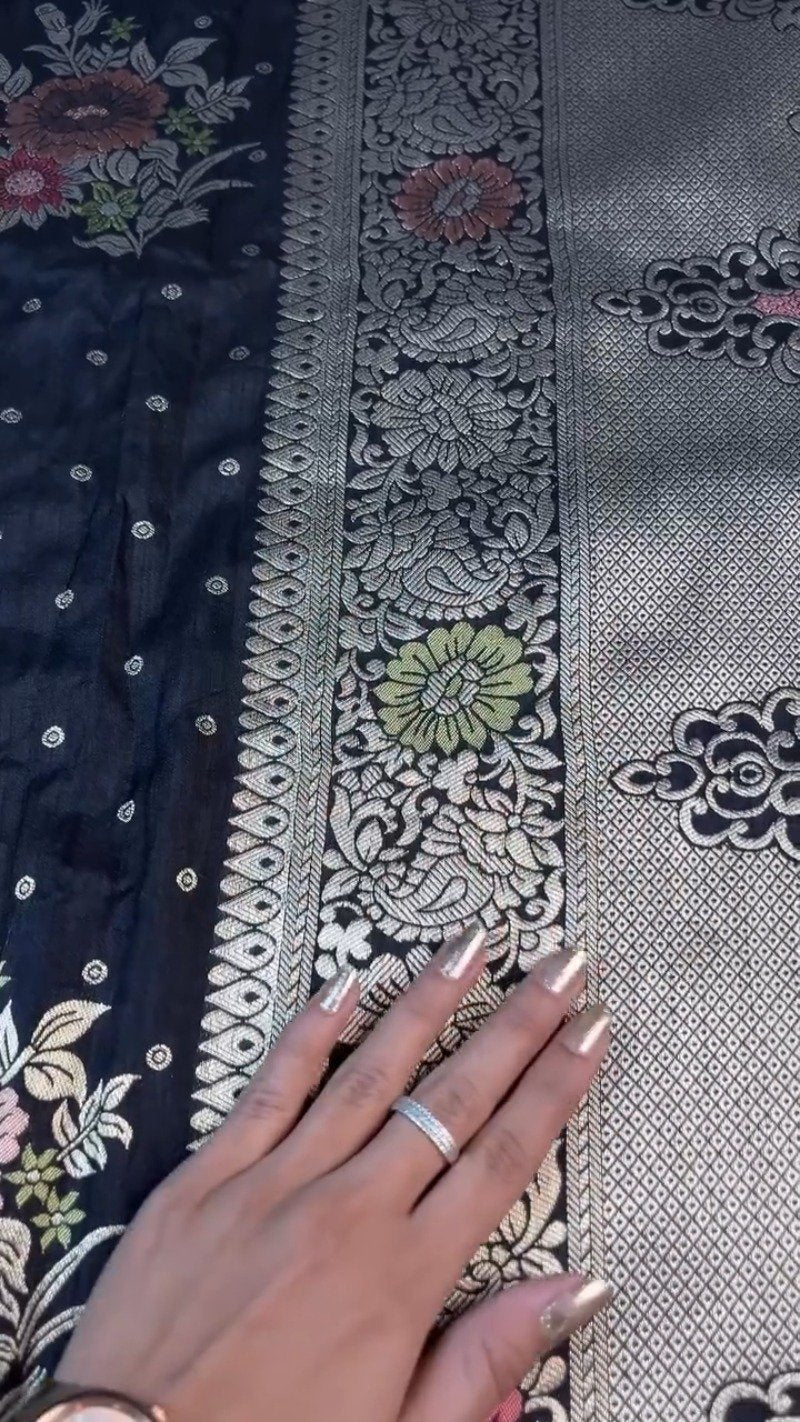 Midnight Bloom Banarasi Silk Saree with Contrast Embroidered Blouse – Available in Midnight Black & Lime Green