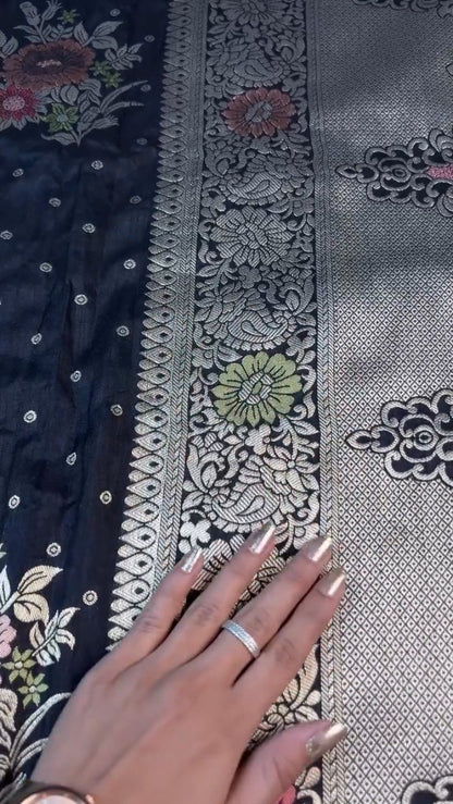 Midnight Bloom Banarasi Silk Saree with Contrast Embroidered Blouse – Available in Midnight Black & Lime Green