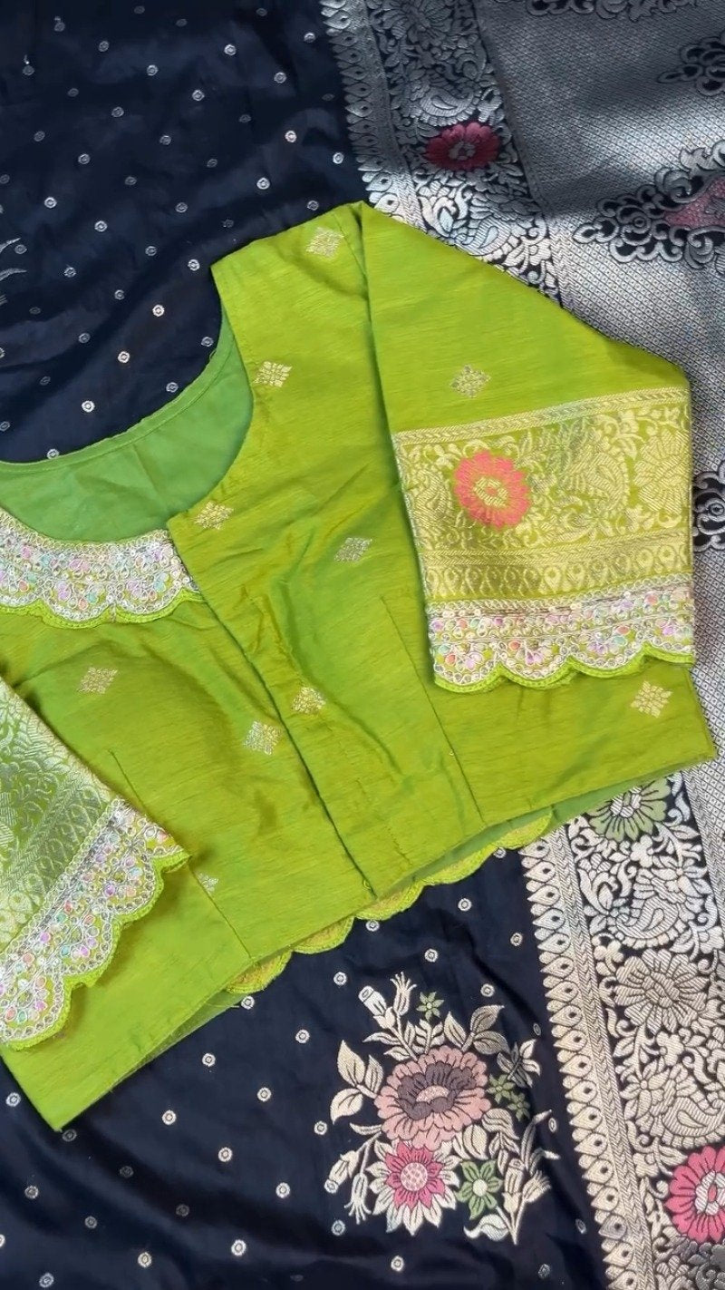 Midnight Bloom Banarasi Silk Saree with Contrast Embroidered Blouse – Available in Midnight Black & Lime Green