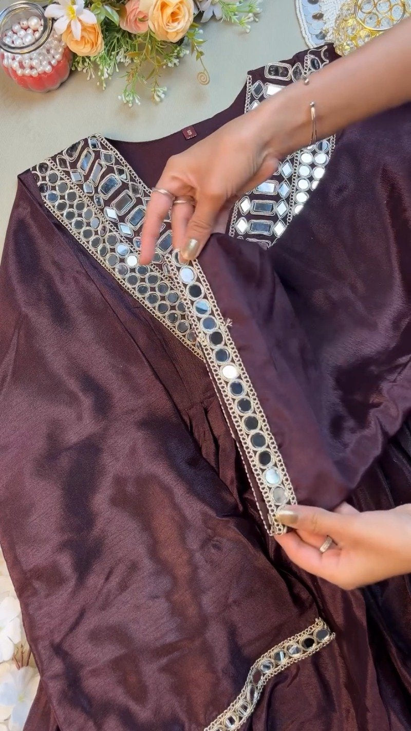 Deep Plum Mirror-Embellished Silk Kurta Set