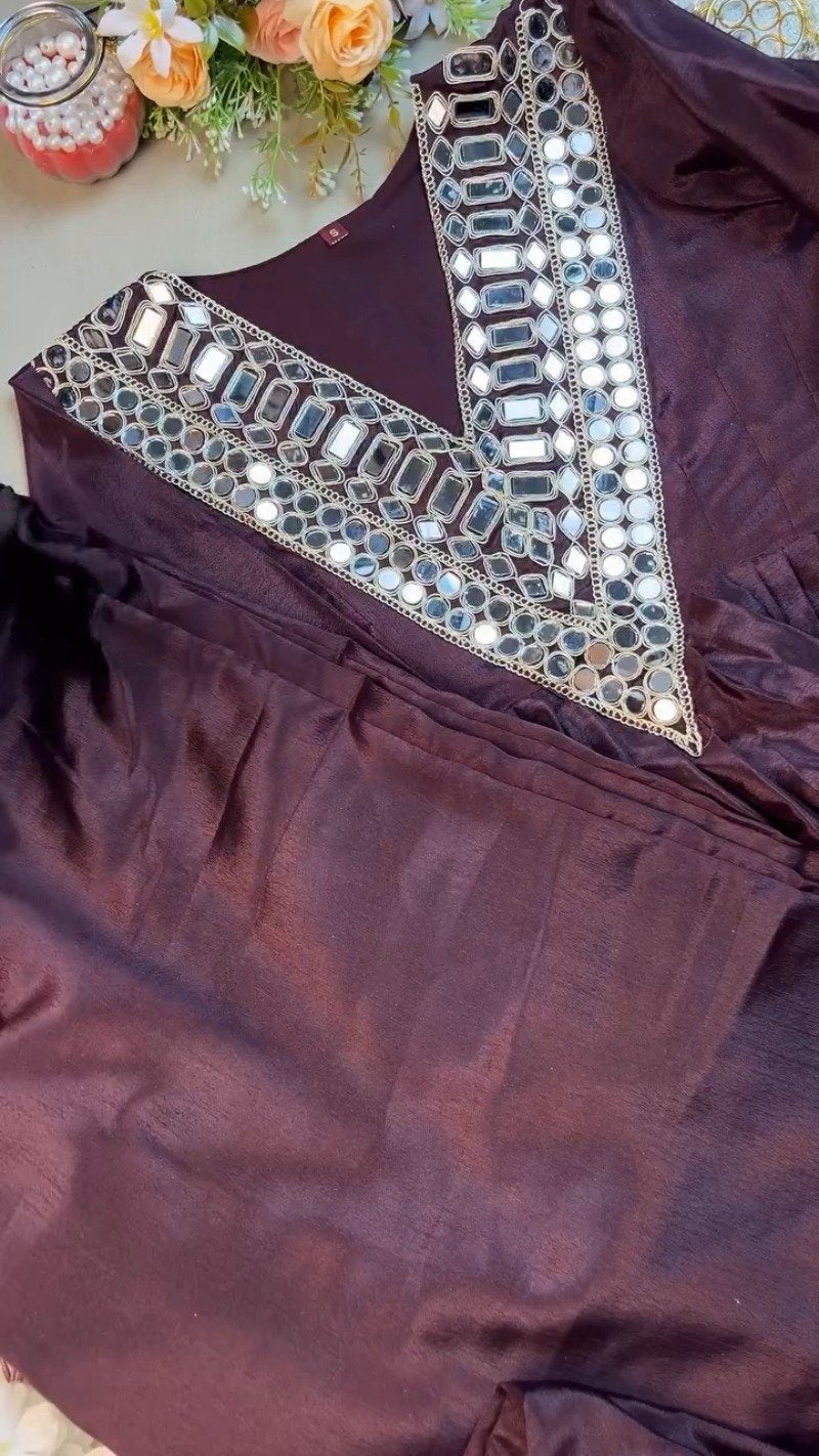 Deep Plum Mirror-Embellished Silk Kurta Set