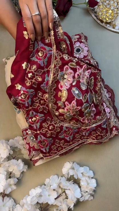Regal Maroon & Soft Cream Embroidered Saree Ensemble – Available in Maroon & Cream