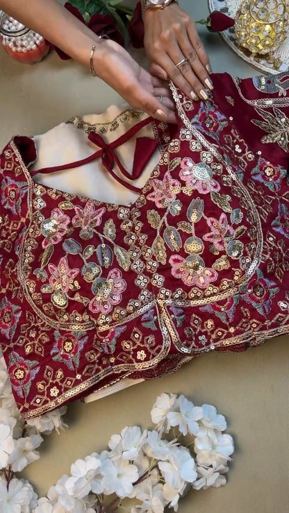 Regal Maroon & Soft Cream Embroidered Saree Ensemble – Available in Maroon & Cream