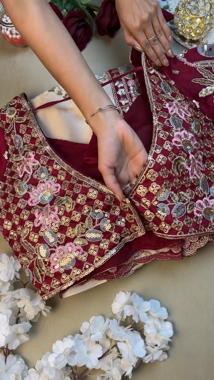 Regal Maroon & Soft Cream Embroidered Saree Ensemble – Available in Maroon & Cream