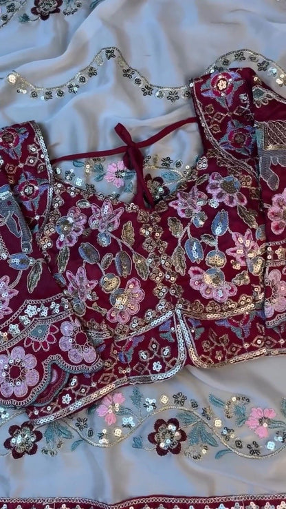 Regal Maroon & Soft Cream Embroidered Saree Ensemble – Available in Maroon & Cream